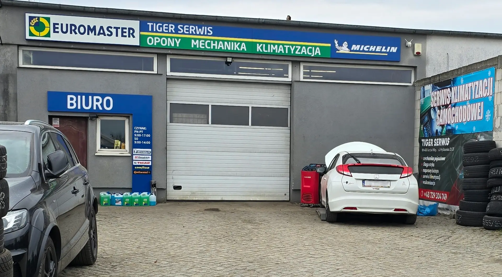 Warsztat Tiger Serwis przy ul. Olimpijskiej 23 w Gorzowie Wielkopolskim - widok od frontu z szyldem Euromaster